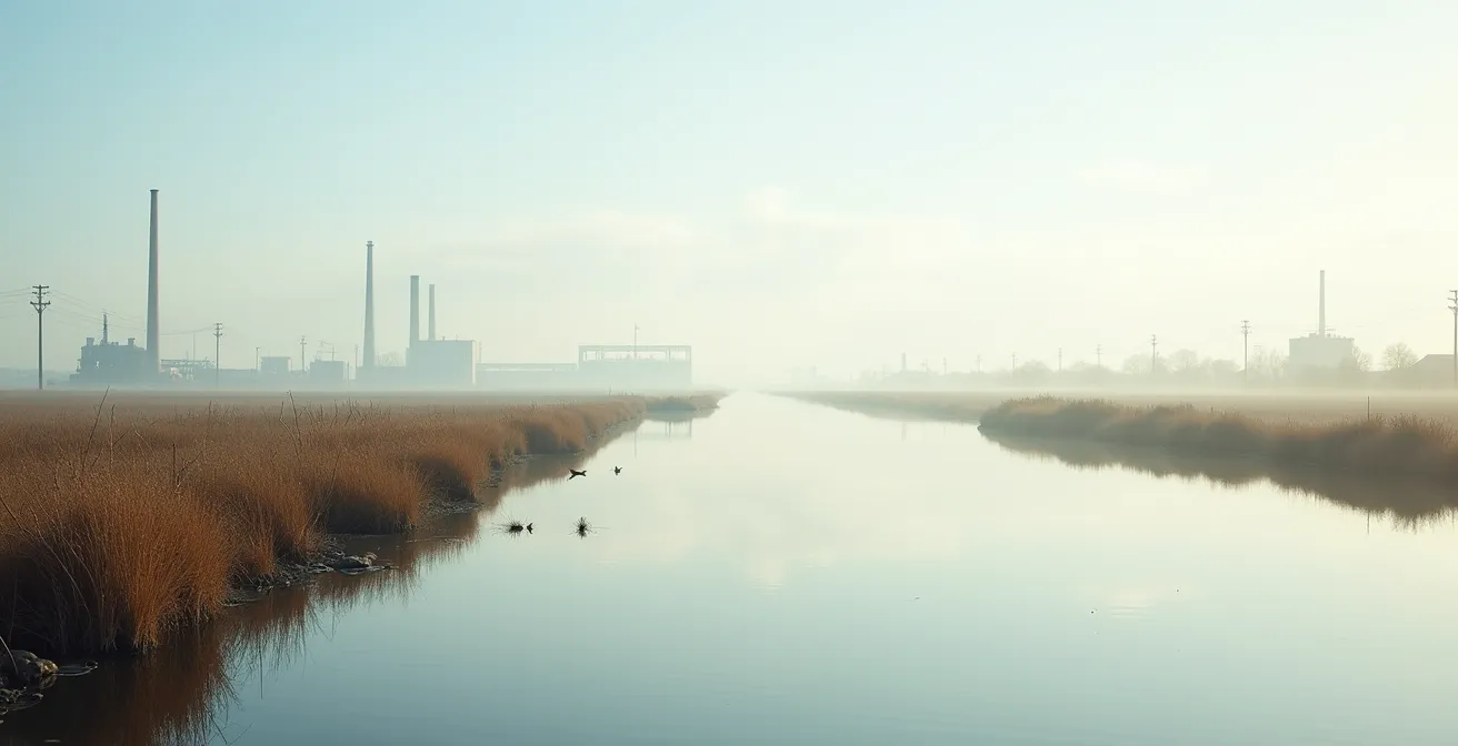 Zone industrielle transformée avec végétation restaurée et biodiversité visible