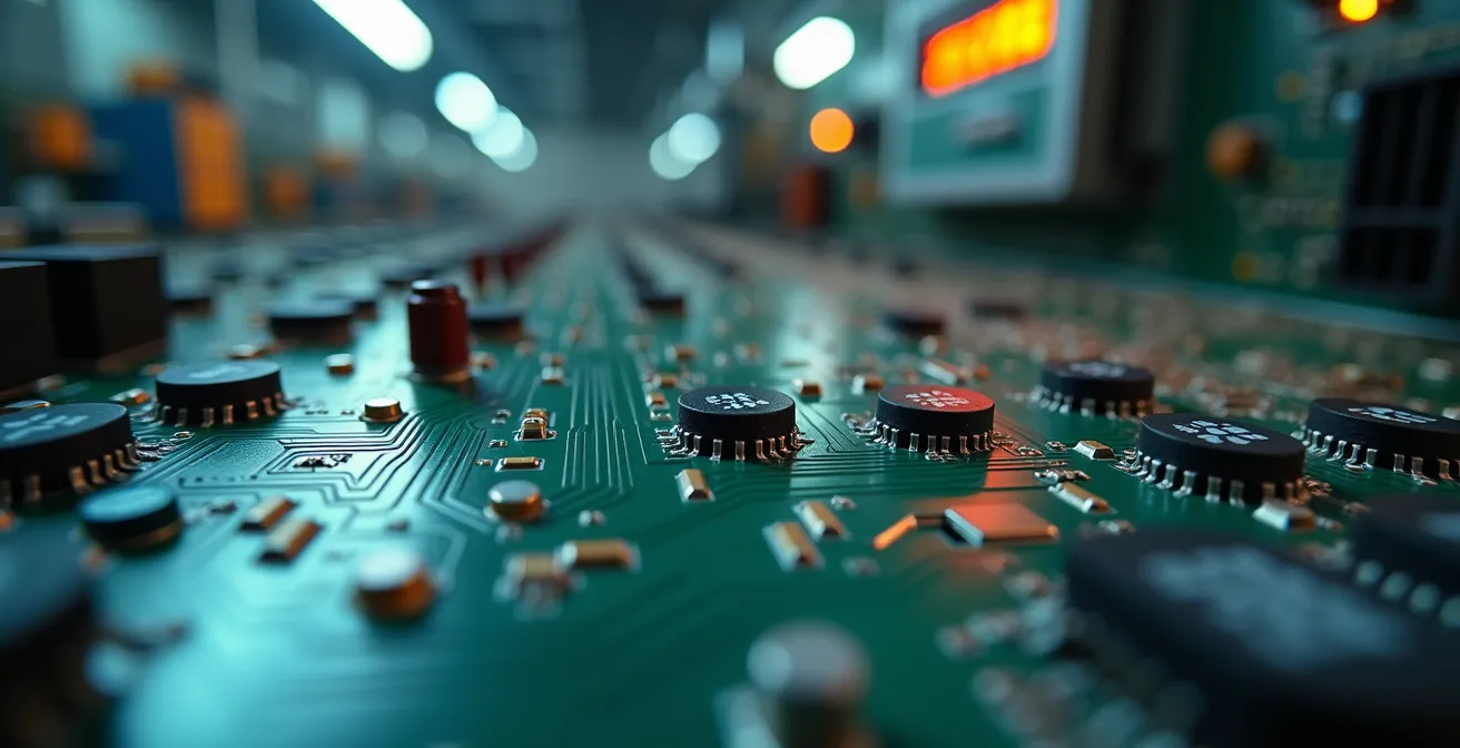 Détail macro de capteur environnemental avec circuits visibles et textures métalliques