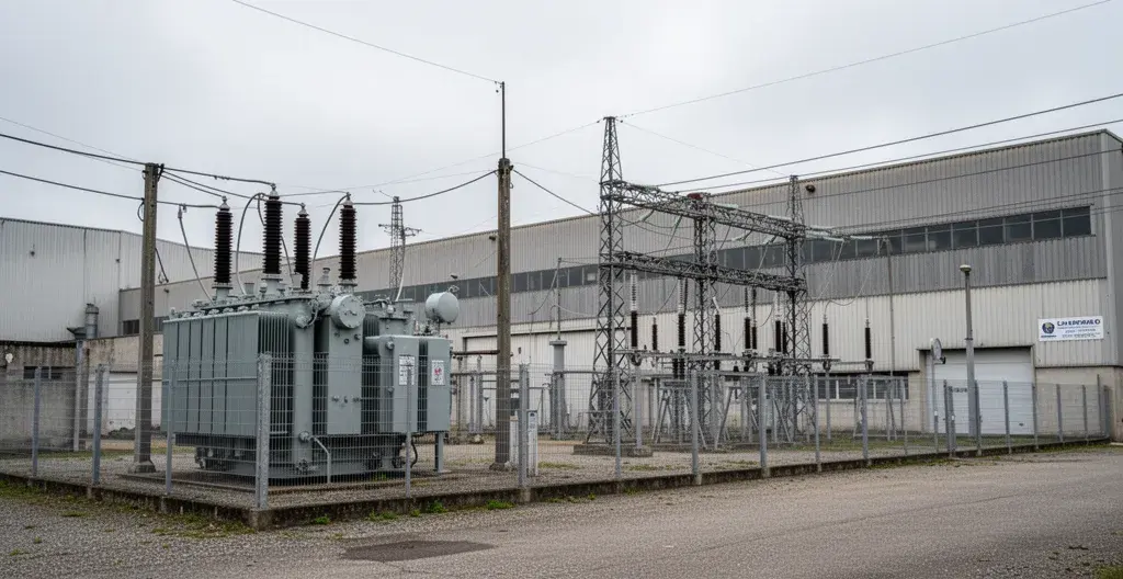 Extérieur usine française avec infrastructure électrique haute tension